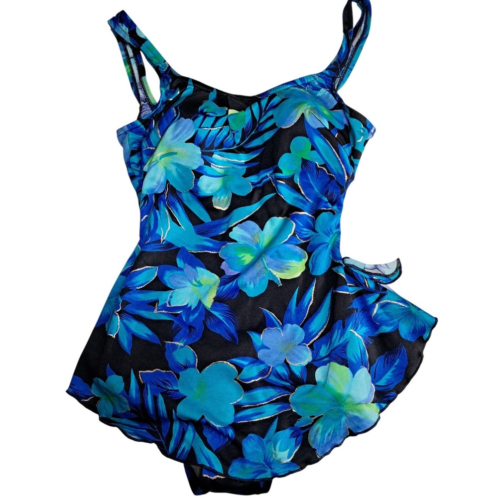 Maxine of Hollywood Skirted Swimsuit Women Size 12 Blue Floral Padded Swimdress